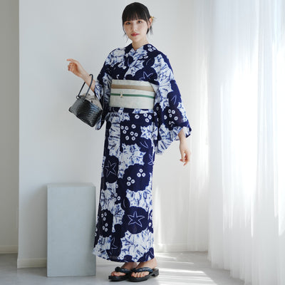 【utatane 京鹿の子絞り/有松染め  浴衣3点セット ( ゆかた・帯・下駄 ) 伝統工芸士・清江和雄 あじさい・朝顔】フリーサイズ 極み 伝統工芸 日本製 国内縫製 手縫い併用 （5010291511）