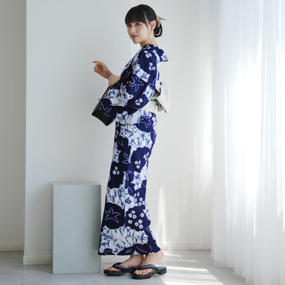 【utatane 京鹿の子絞り/有松染め  浴衣3点セット ( ゆかた・帯・下駄 ) 伝統工芸士・清江和雄 あじさい・朝顔】フリーサイズ 極み 伝統工芸 日本製 国内縫製 手縫い併用 （5010291511）
