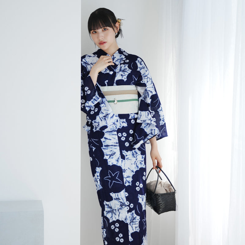 【utatane 京鹿の子絞り/有松染め  浴衣3点セット ( ゆかた・帯・下駄 ) 伝統工芸士・清江和雄 あじさい・朝顔】フリーサイズ 極み 伝統工芸 日本製 国内縫製 手縫い併用 （5010291511）