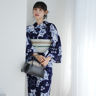 【utatane 京鹿の子絞り/有松染め  浴衣3点セット ( ゆかた・帯・下駄 ) 伝統工芸士・清江和雄 あじさい・朝顔】フリーサイズ 極み 伝統工芸 日本製 国内縫製 手縫い併用 （5010291511）