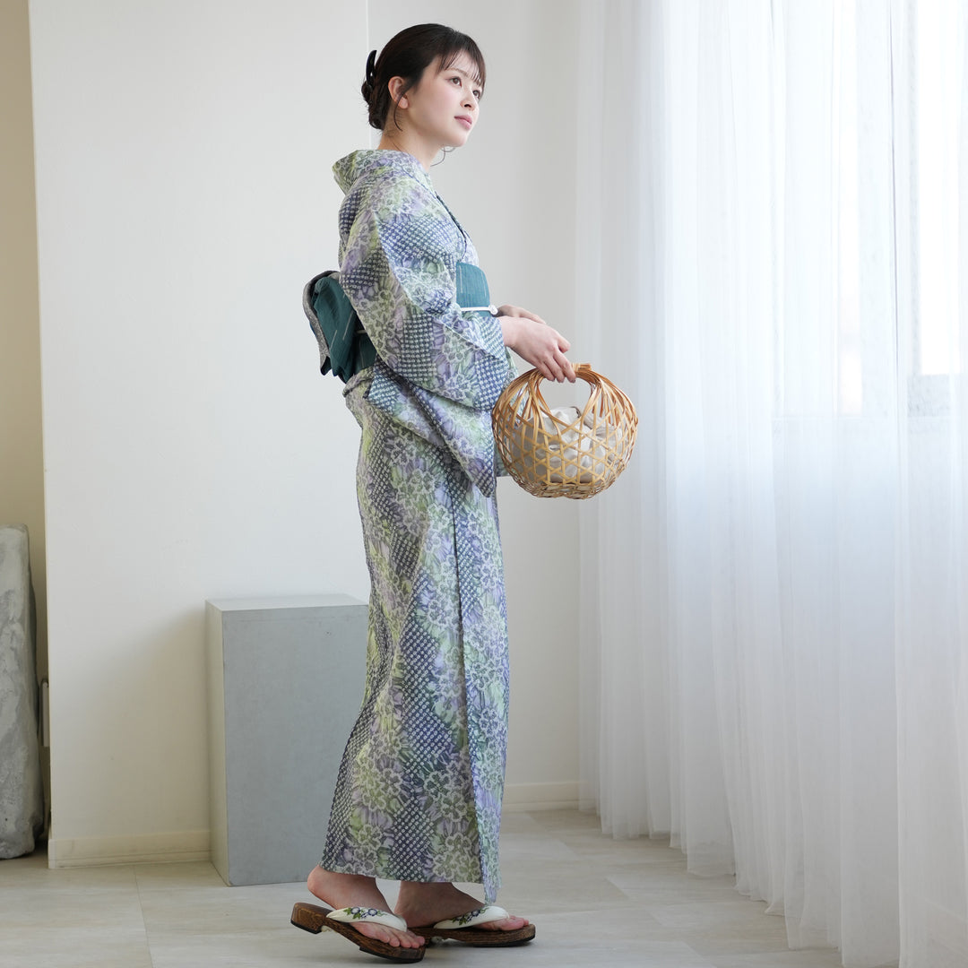 utatane 有松絞り 浴衣3点セット ( ゆかた・帯・下駄 ) 若葉ゆらぎ