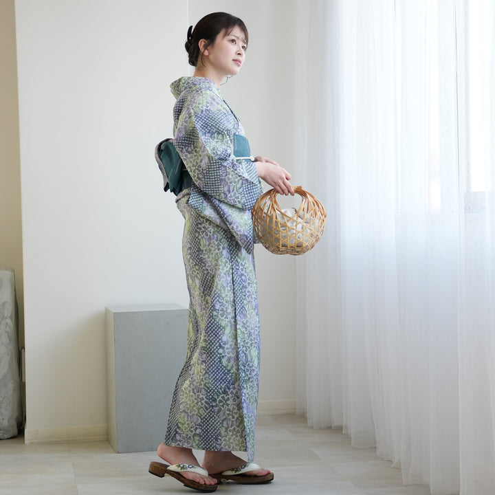 有松絞り　浴衣　麻の葉柄　レトロな雰囲気　トールサイズ utatane 有松絞り 浴衣3点セット ( ゆかた・帯・下駄 ) 若葉ゆらぎ
