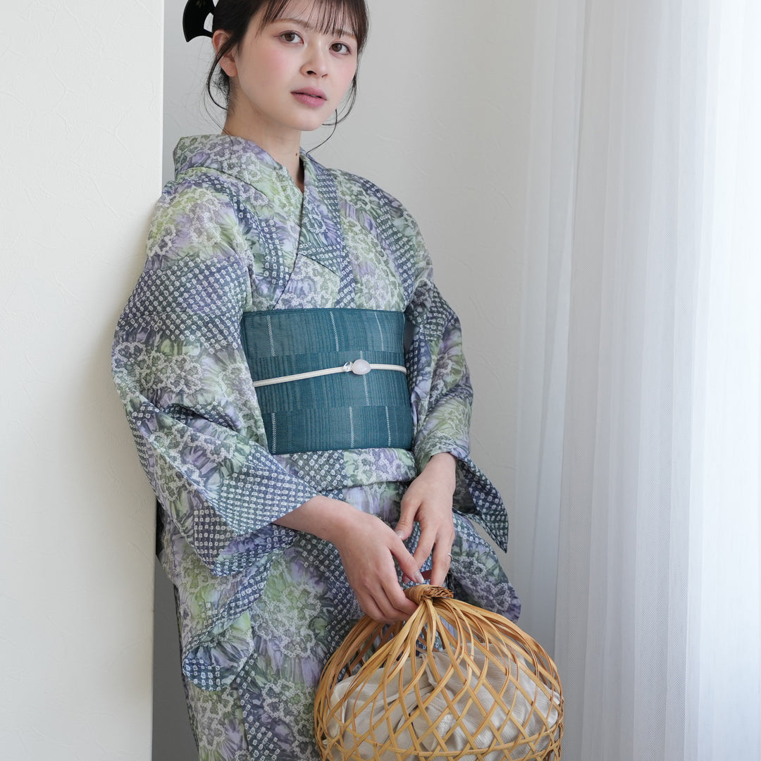 utatane 有松絞り 浴衣3点セット ( ゆかた・帯・下駄 ) 若葉ゆらぎ