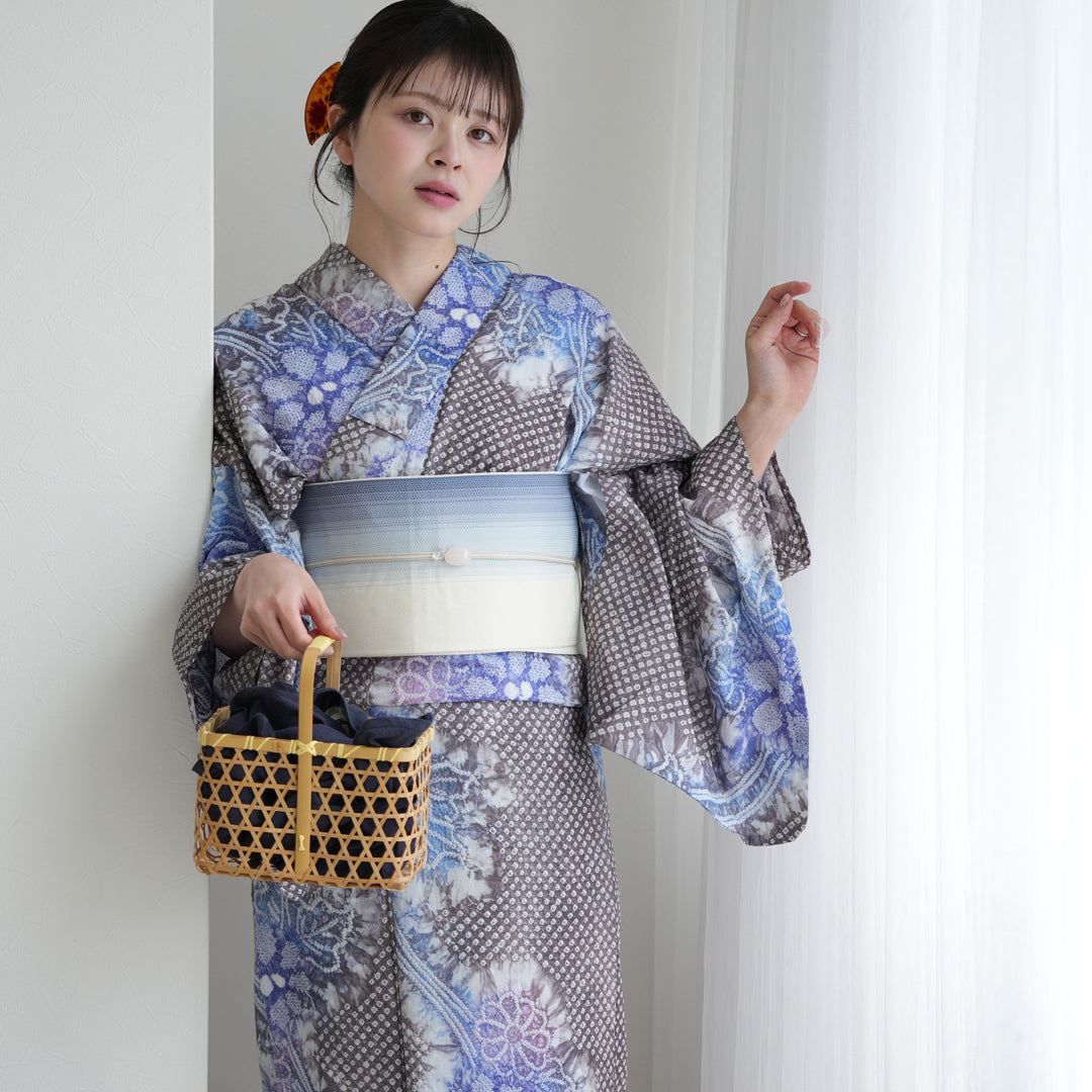 utatane 有松絞り 浴衣3点セット ( ゆかた・帯・下駄 ) 藍葡萄に咲く菊
