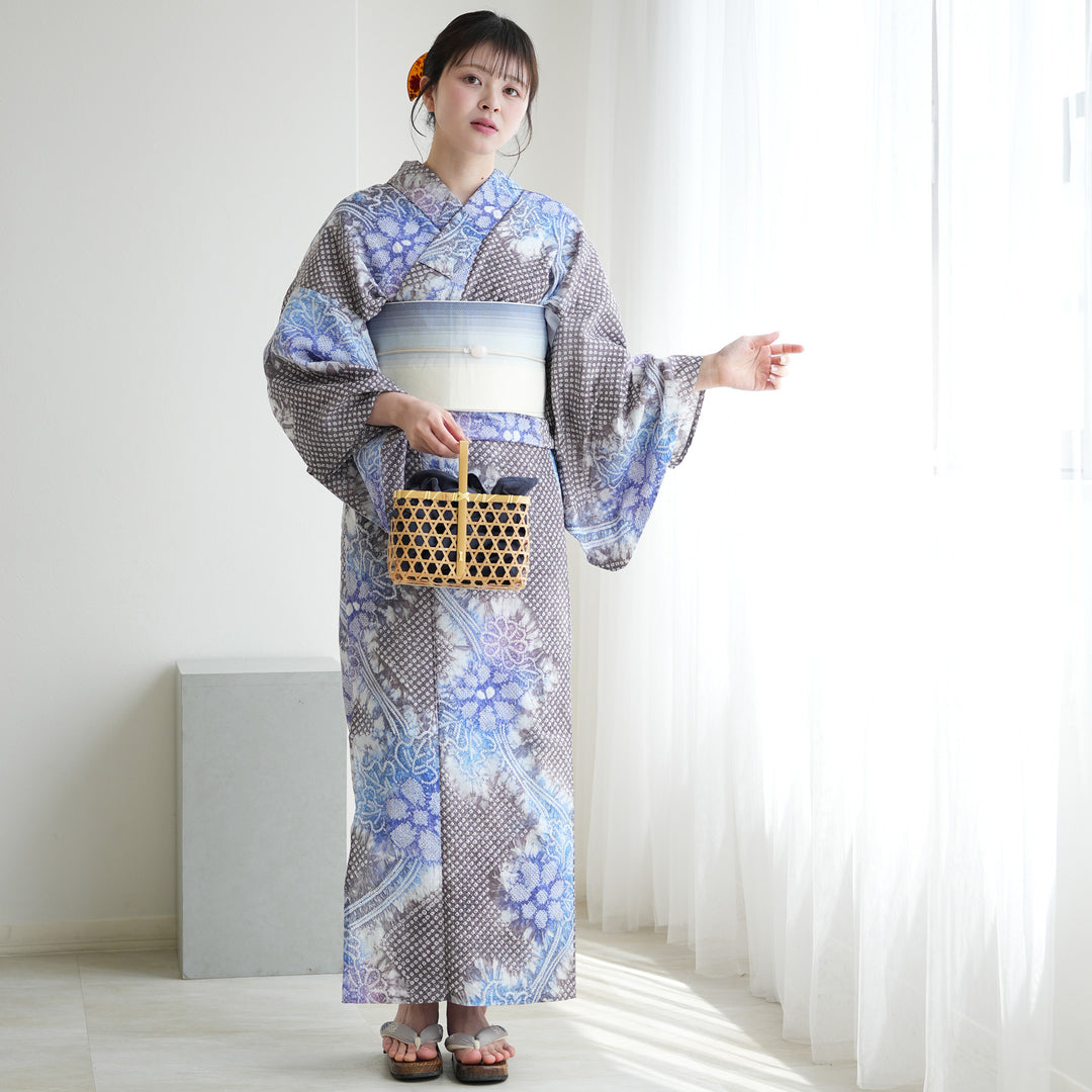 utatane 有松絞り 浴衣3点セット ( ゆかた・帯・下駄 ) 藍葡萄に咲く菊