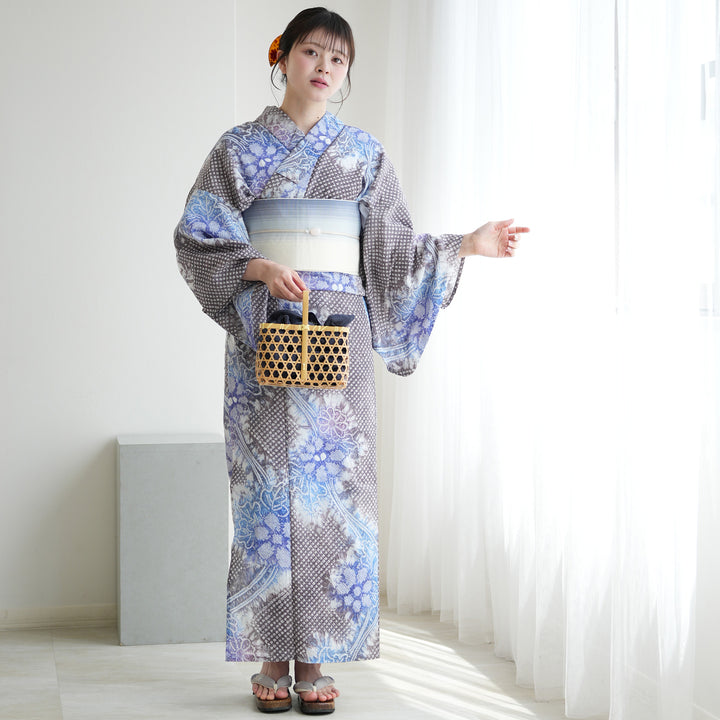 utatane 有松絞り 浴衣3点セット ( ゆかた・帯・下駄 ) 藍葡萄に咲く菊