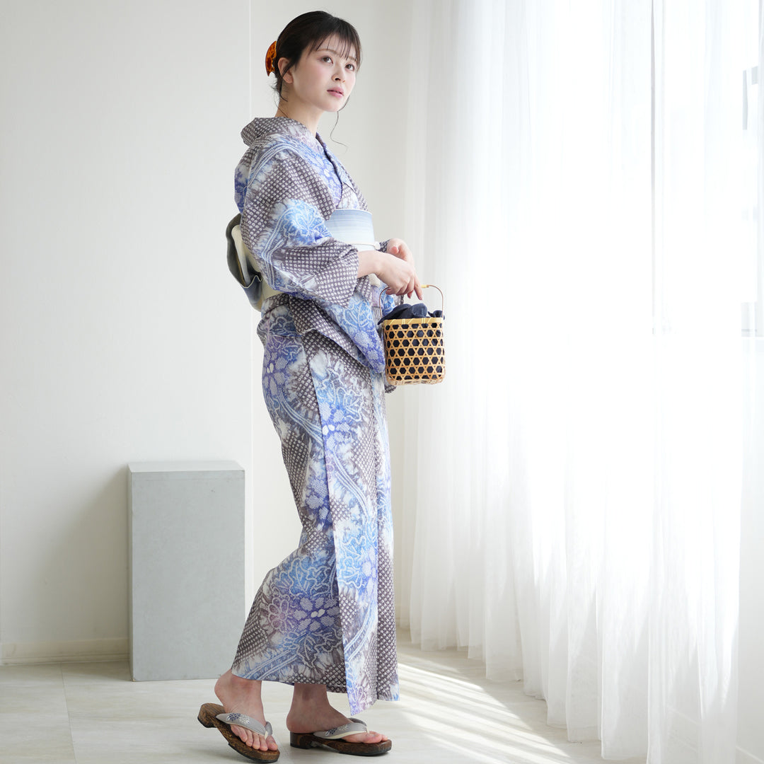 utatane 有松絞り 浴衣3点セット ( ゆかた・帯・下駄 ) 藍葡萄に咲く菊