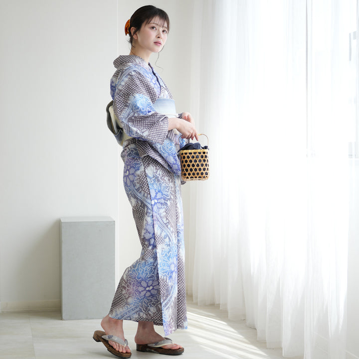 utatane 有松絞り 浴衣3点セット ( ゆかた・帯・下駄 ) 藍葡萄に咲く菊