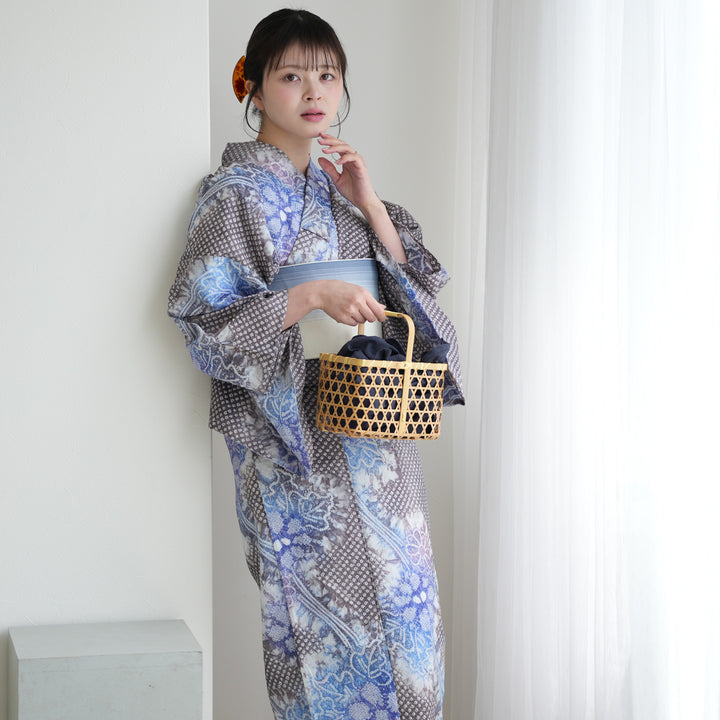 utatane 有松絞り 浴衣3点セット ( ゆかた・帯・下駄 ) 藍葡萄に咲く菊