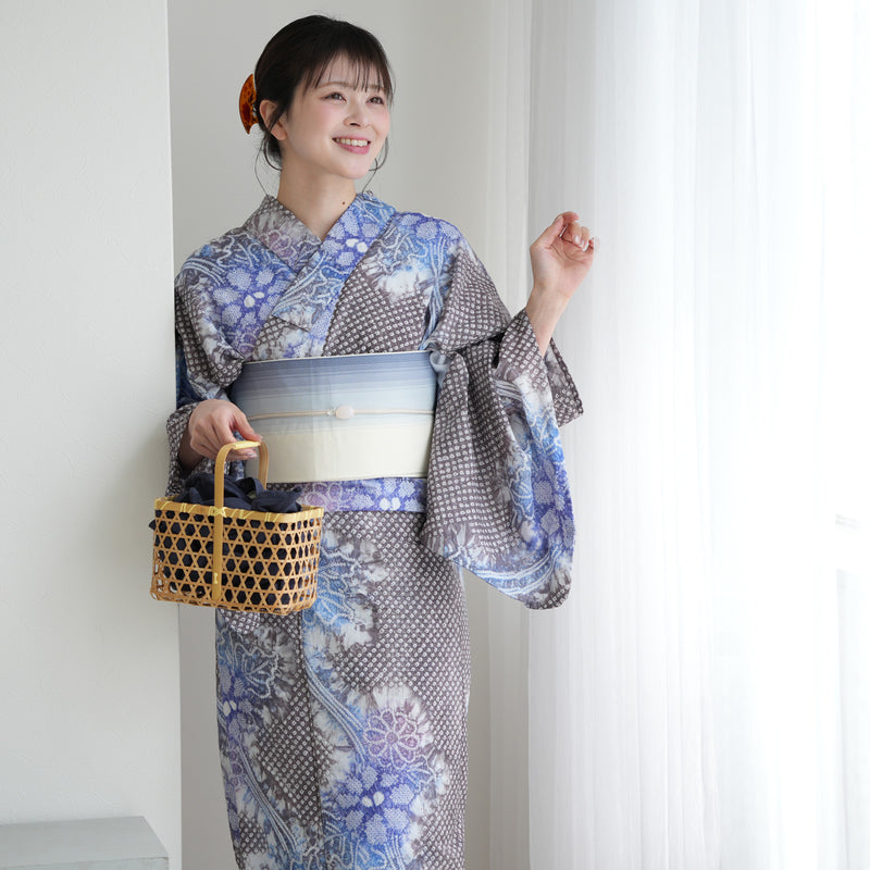 hinari×utatane 浴衣・帯・下駄セット 紫陽花ブルー utatane 有松絞り 浴衣3点セット ( ゆかた・帯・下駄 ) 藍葡萄に咲く菊