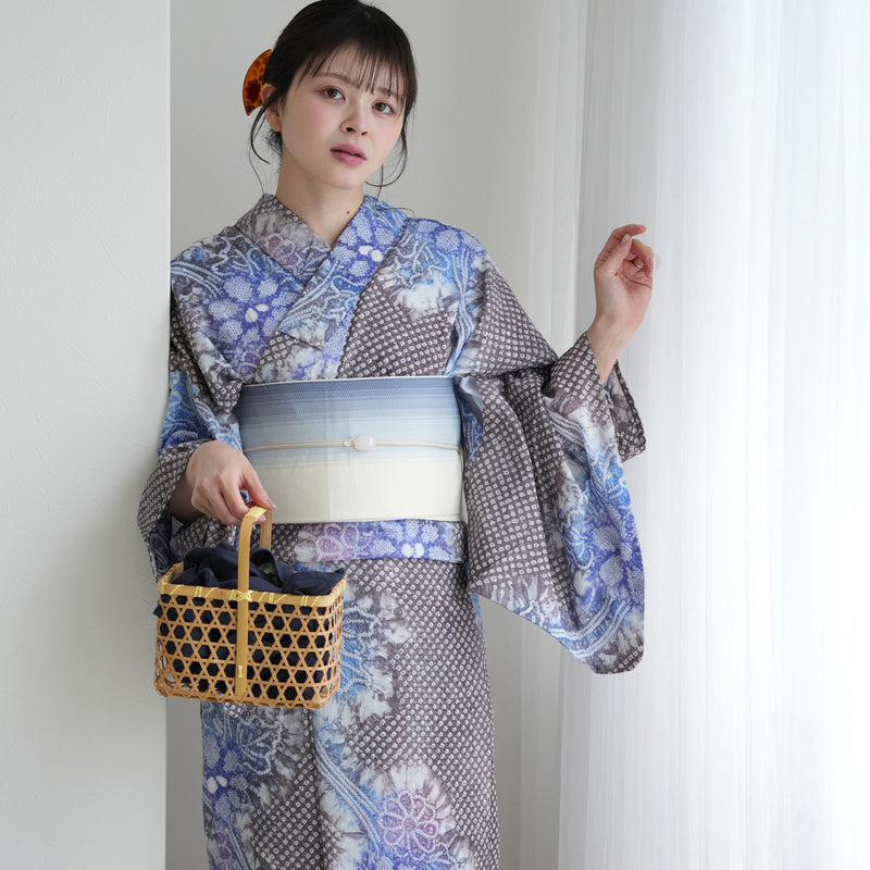 utatane 有松絞り 浴衣3点セット ( ゆかた・帯・下駄 ) 藍葡萄に咲く菊