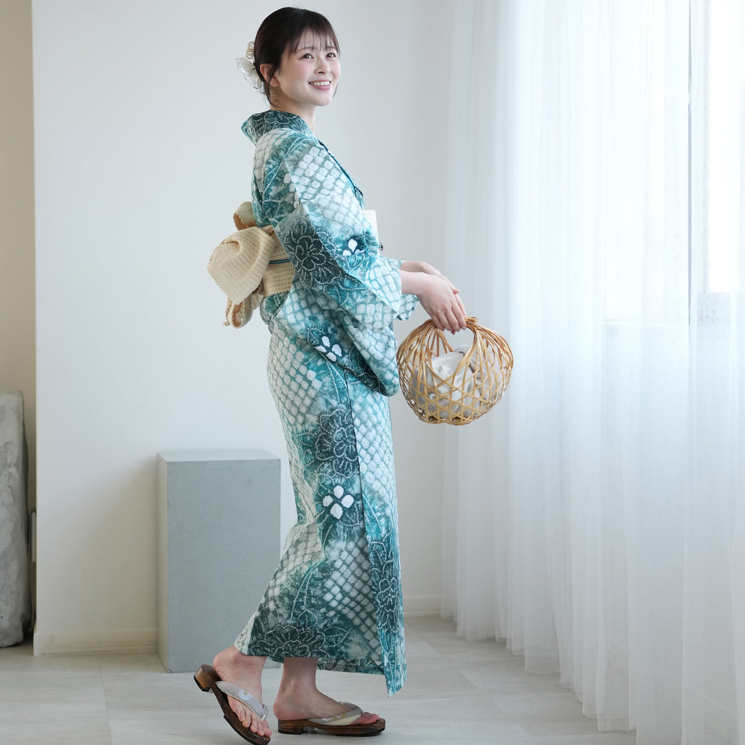 utatane 有松絞り 浴衣3点セット ( ゆかた・帯・下駄 ) 水花あそび