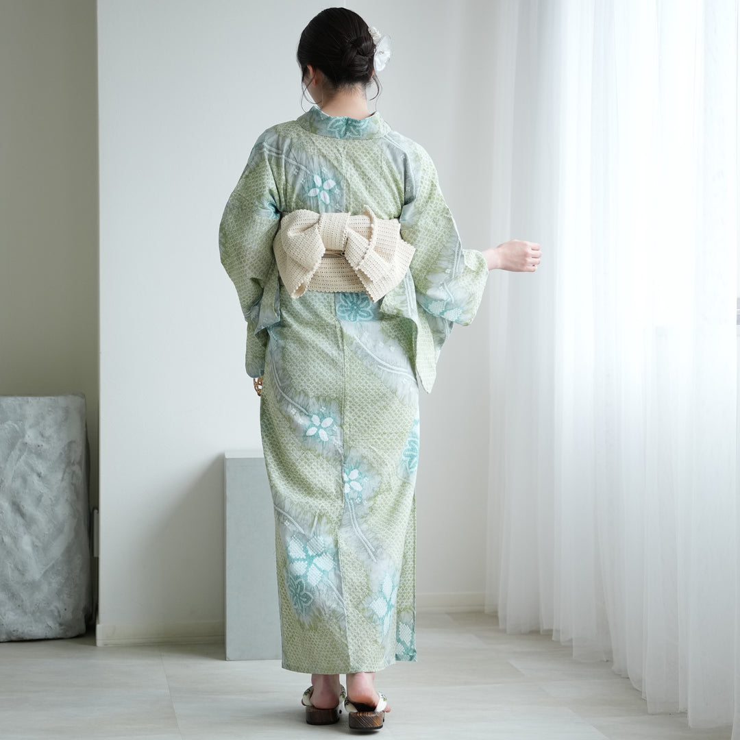 utatane 有松絞り 浴衣3点セット ( ゆかた・帯・下駄 ) 風ひかる花