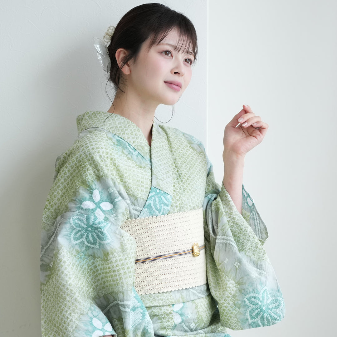 utatane 有松絞り 浴衣3点セット ( ゆかた・帯・下駄 ) 風ひかる花