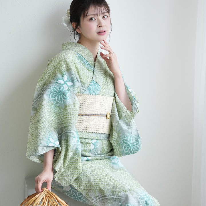 utatane 有松絞り 浴衣3点セット ( ゆかた・帯・下駄 ) 風ひかる花