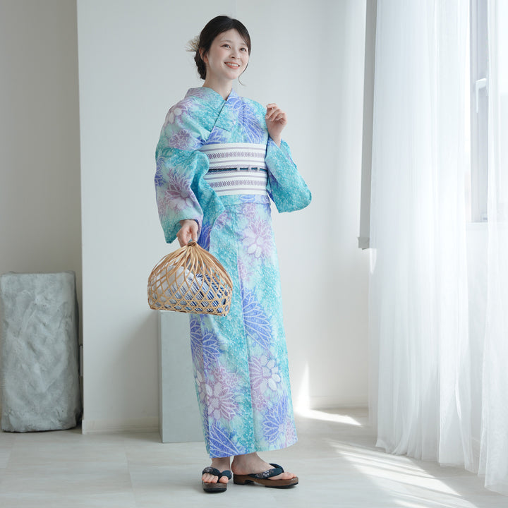 utatane 有松絞り 浴衣3点セット ( ゆかた・帯・下駄 ) 藤風