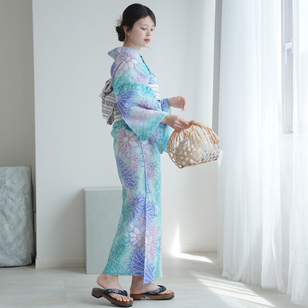 utatane 有松絞り 浴衣3点セット ( ゆかた・帯・下駄 ) 藤風