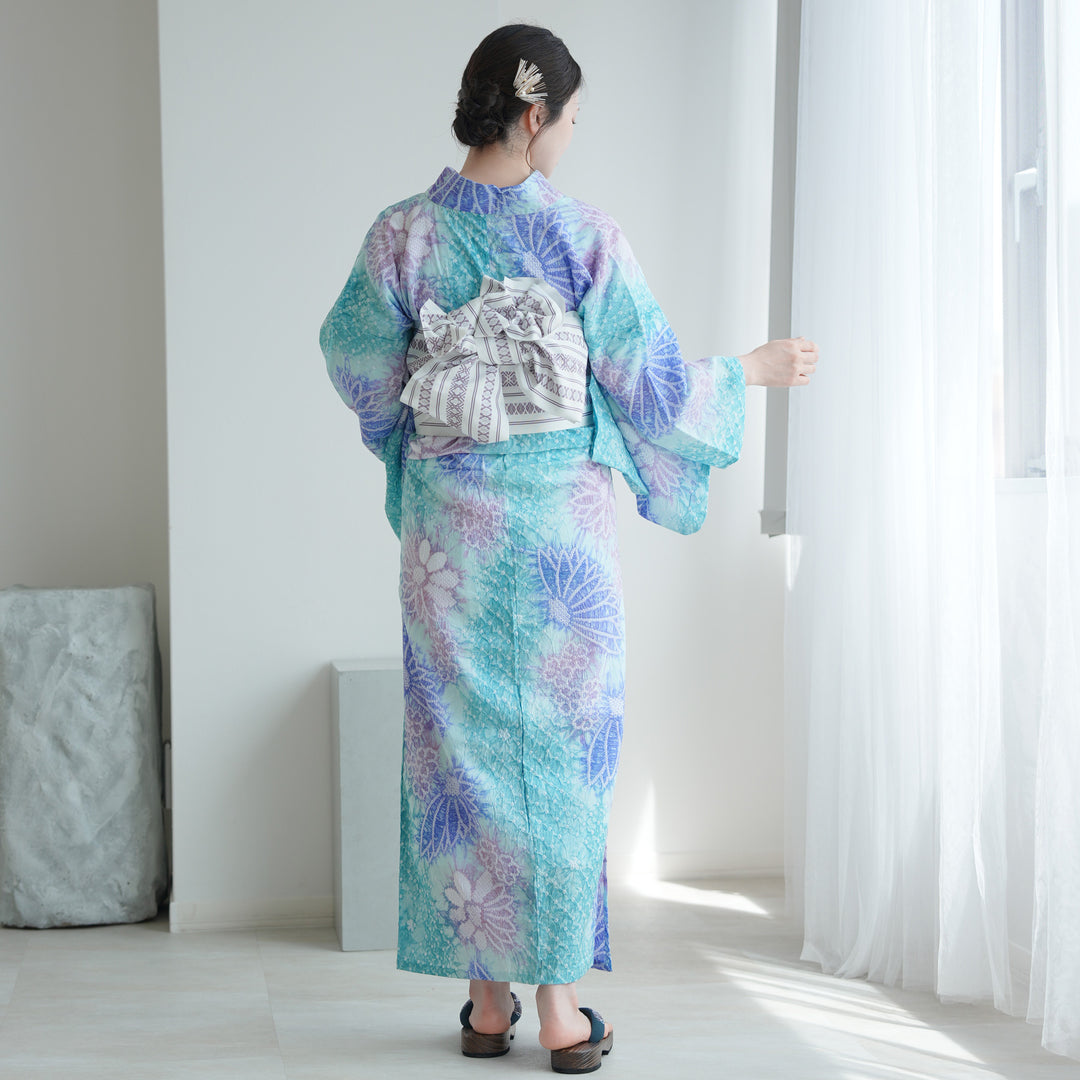 utatane 有松絞り 浴衣3点セット ( ゆかた・帯・下駄 ) 藤風