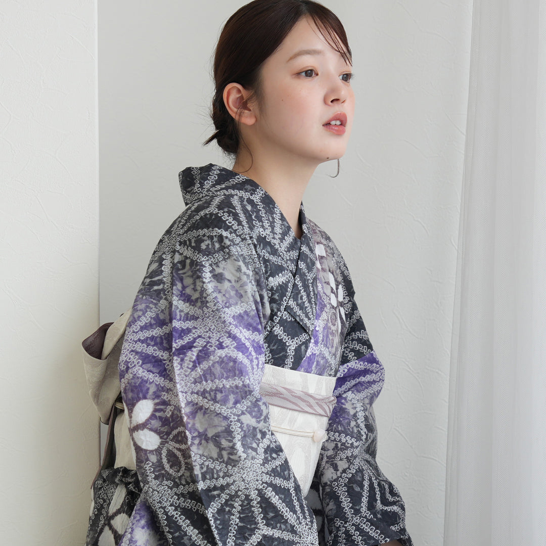 有松絞り　浴衣　美品　綿　花文様　XL utatane 有松絞り 浴衣3点セット ( ゆかた・帯・下駄 ) 藤花麻