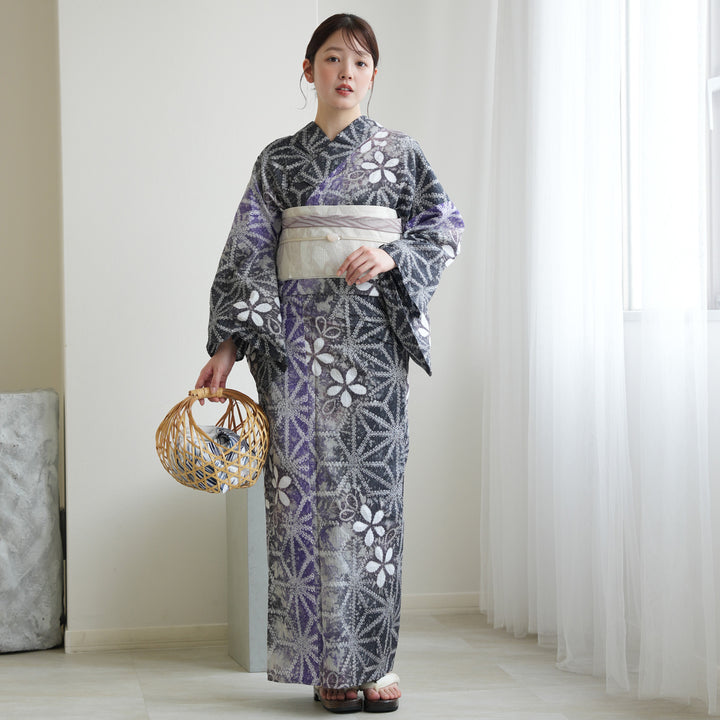 utatane 有松絞り 浴衣3点セット ( ゆかた・帯・下駄 ) 藤花麻