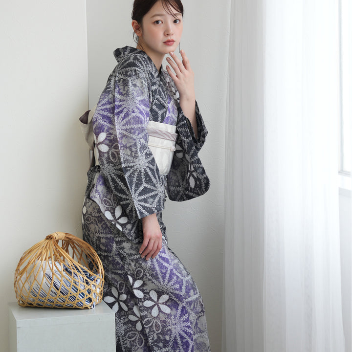 絞り浴衣、単衣兼用、麻の名古屋帯２点 utatane 有松絞り 浴衣3点セット ( ゆかた・帯・下駄 ) 藤花麻