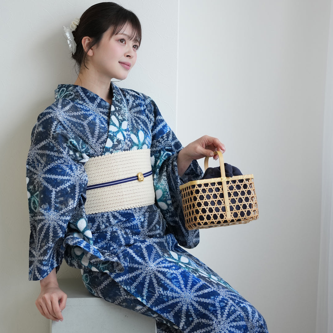 RU　有松絞り ④ 美品 絞り 綿 浴衣 半幅帯セット❣️ utatane 有松絞り 浴衣3点セット ( ゆかた・帯・下駄 ) 藍花麻