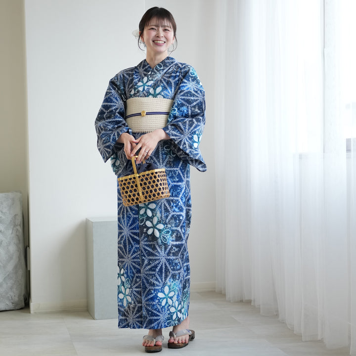 utatane 有松絞り 浴衣3点セット ( ゆかた・帯・下駄 ) 藍花麻