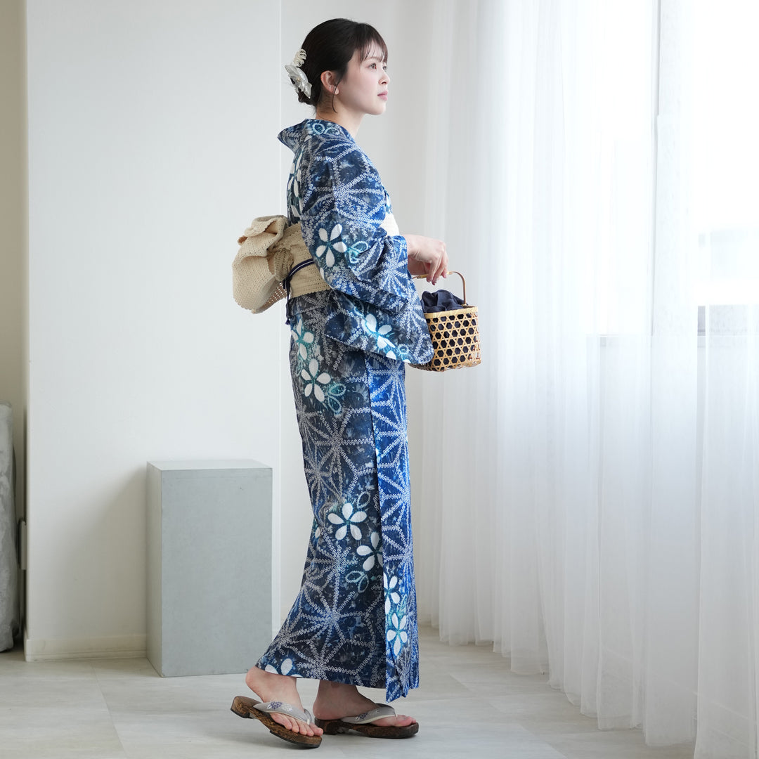 utatane 有松絞り 浴衣3点セット ( ゆかた・帯・下駄 ) 藍花麻