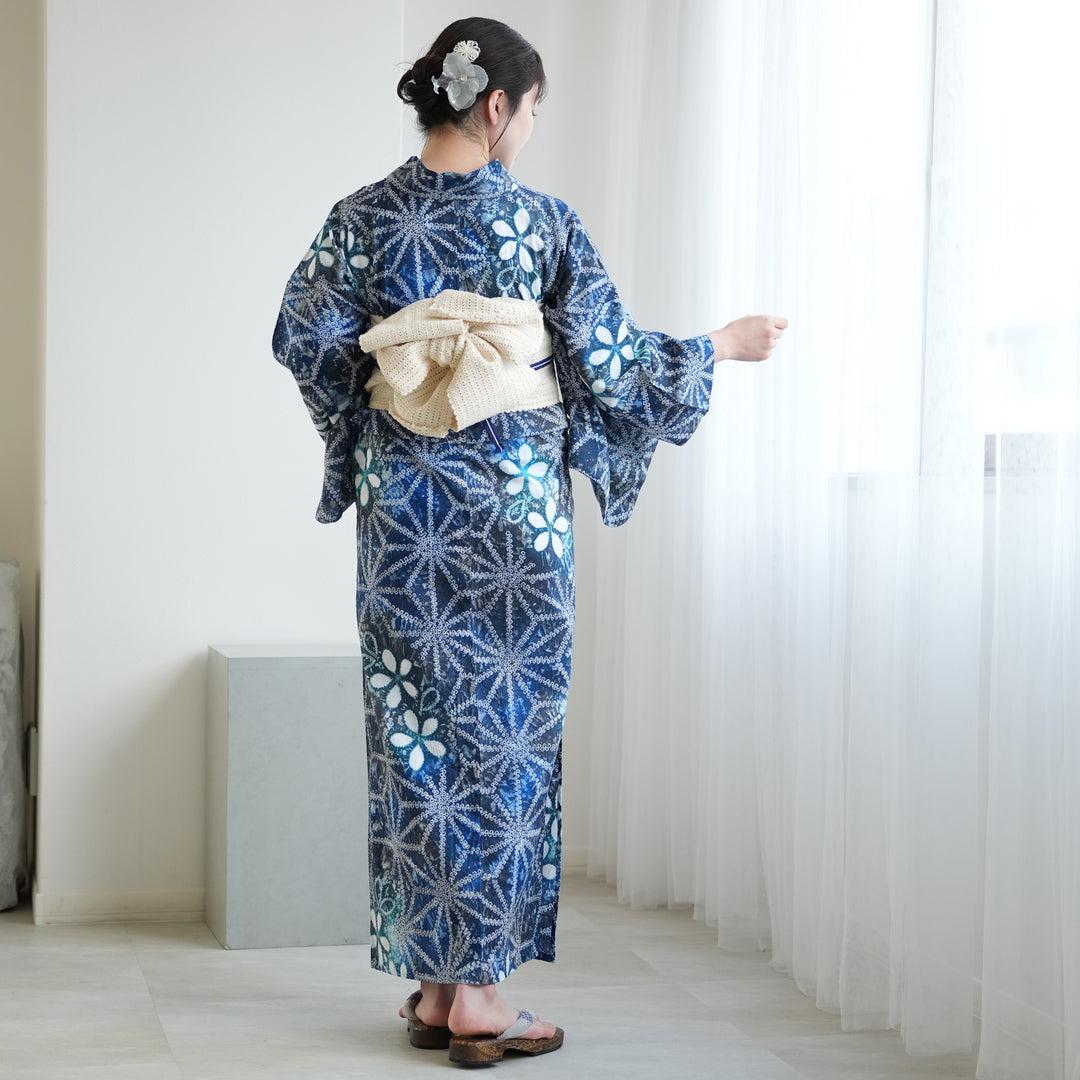 utatane 有松絞り 浴衣3点セット ( ゆかた・帯・下駄 ) 藍花麻