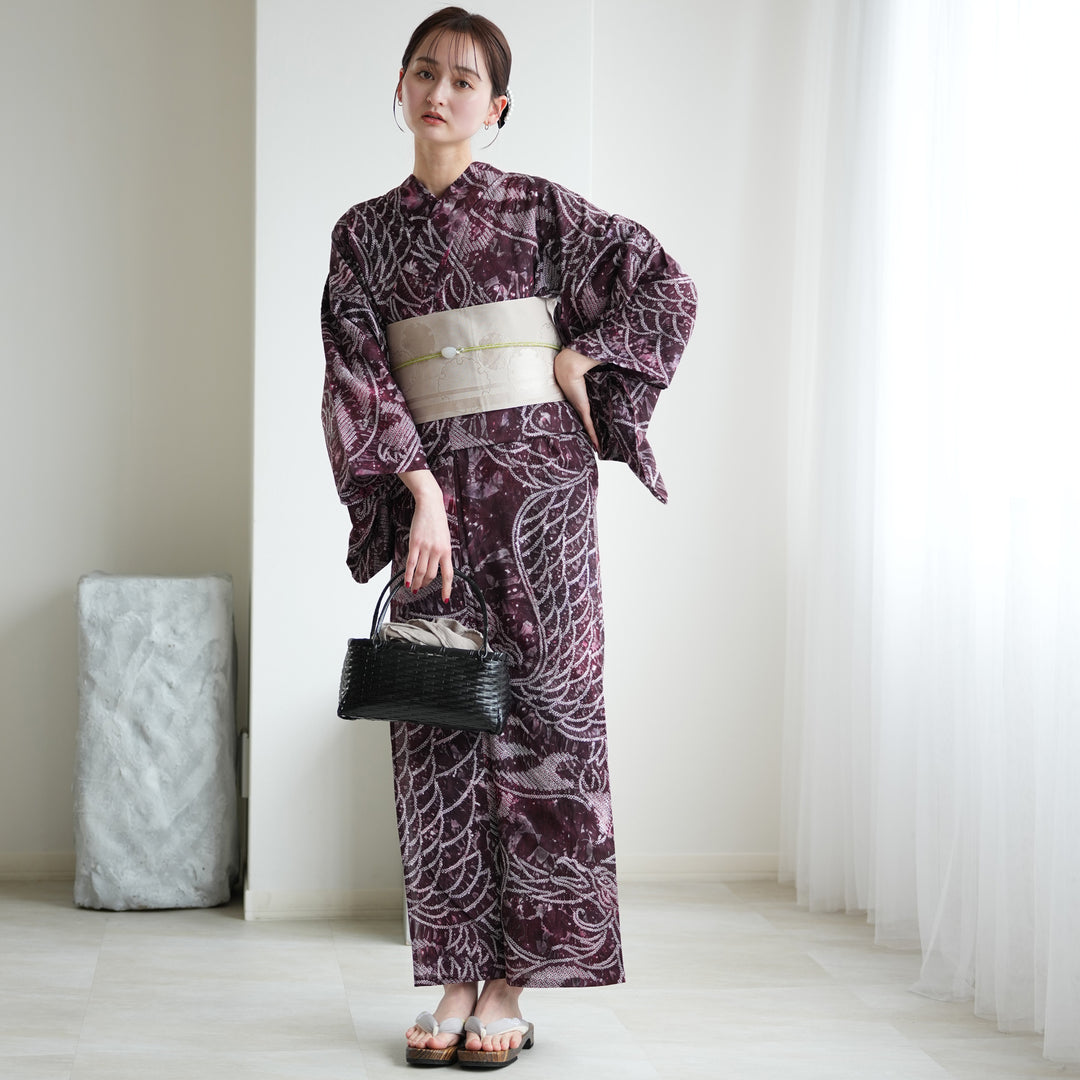 utatane 有松絞り 浴衣3点セット ( ゆかた・帯・下駄 ) 宵紅朱雀