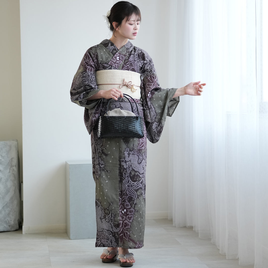 【専用です】 孔雀の羽根 絞り浴衣 有松絞り浴衣 yukata utatane 有松絞り 浴衣3点セット ( ゆかた・帯・下駄 ) 宵に唐獅子