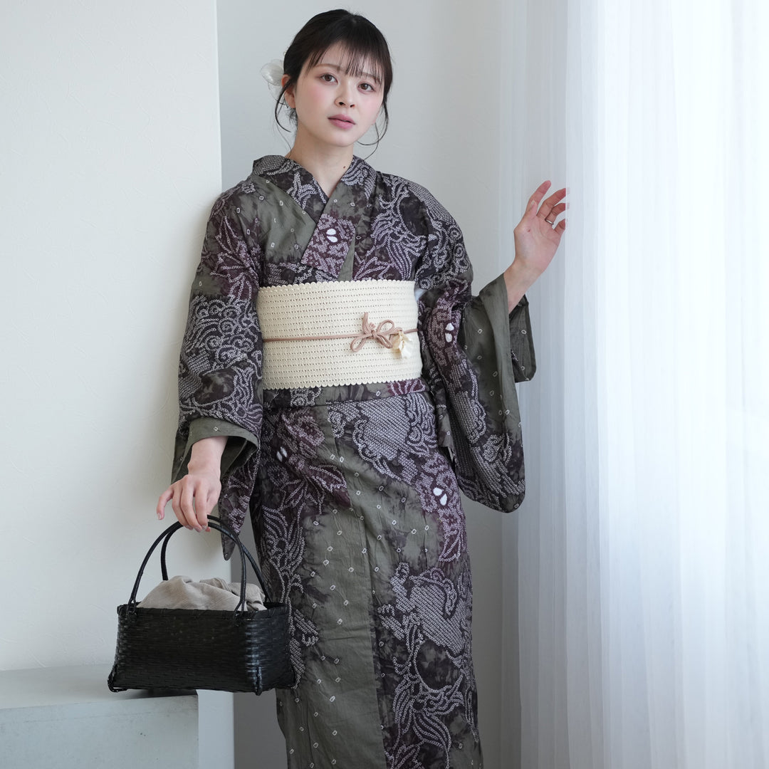 utatane 有松絞り 浴衣3点セット ( ゆかた・帯・下駄 ) 宵に唐獅子