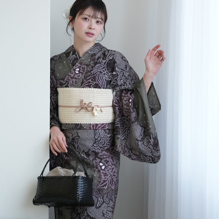 utatane 有松絞り 浴衣3点セット ( ゆかた・帯・下駄 ) 宵に唐獅子