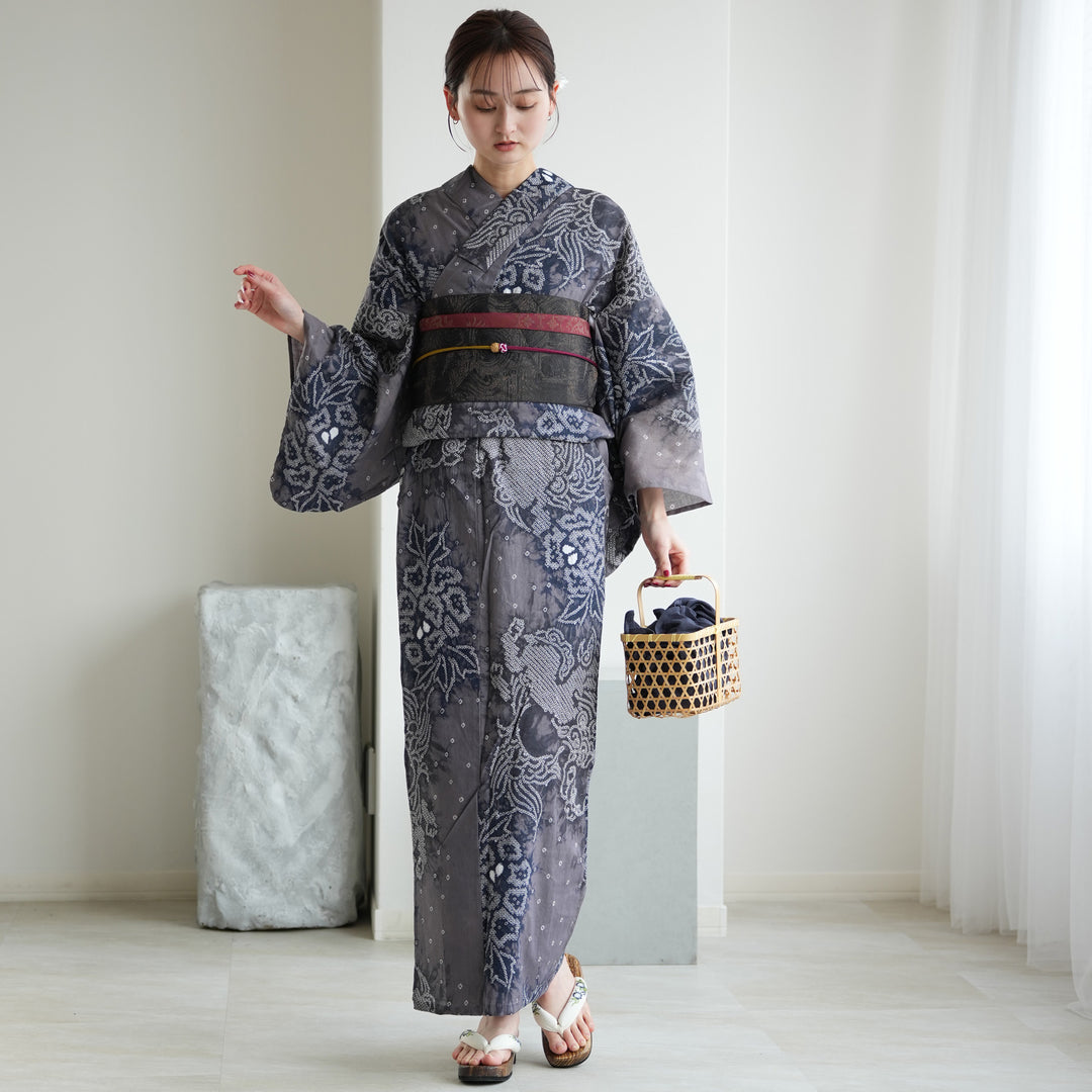 utatane 有松絞り 浴衣3点セット ( ゆかた・帯・下駄 ) 藤影の唐獅