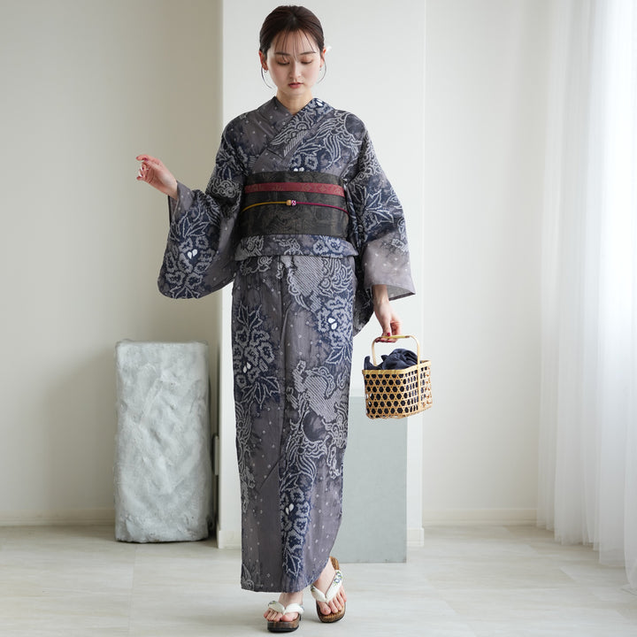 utatane 有松絞り 浴衣3点セット ( ゆかた・帯・下駄 ) 藤影の唐獅