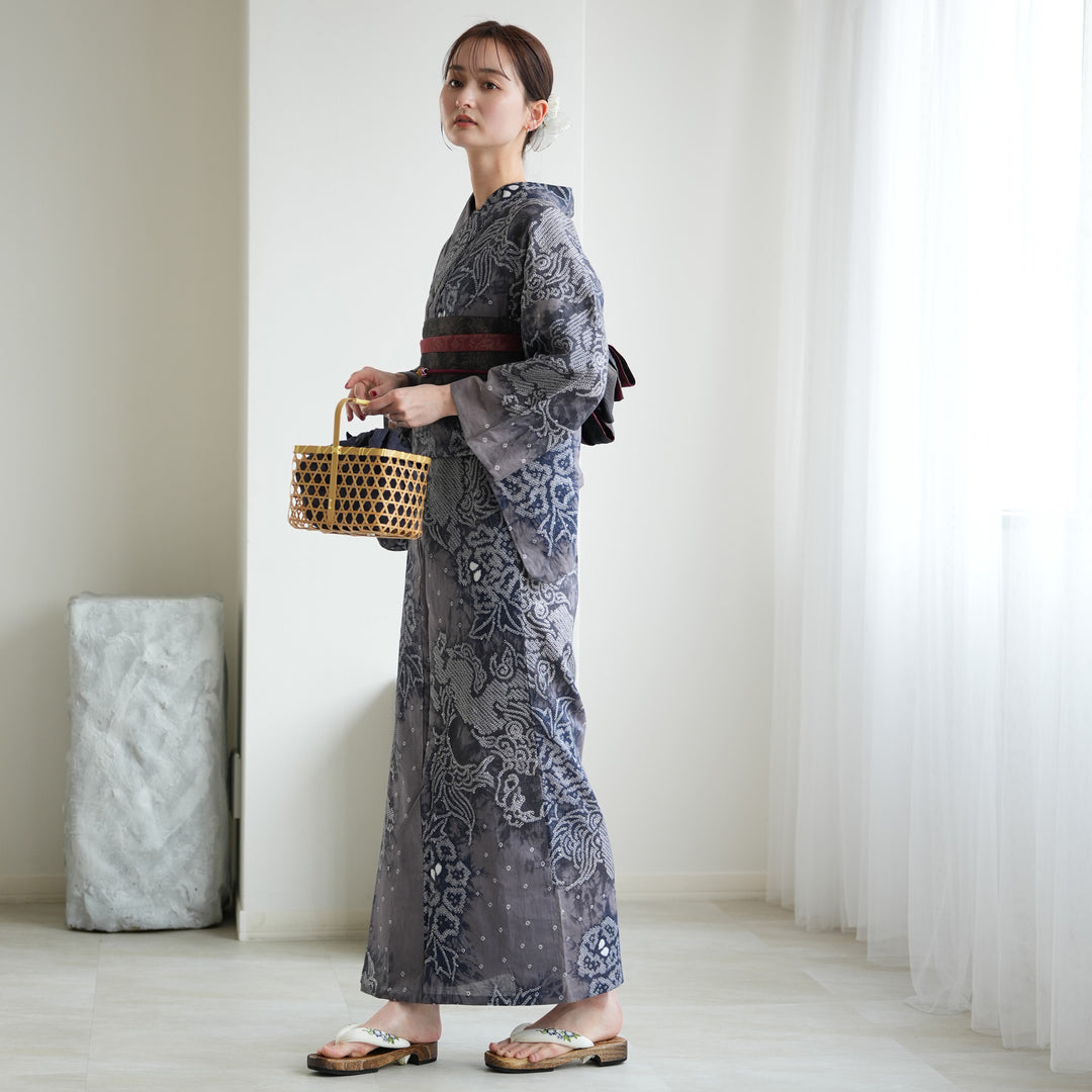 utatane 有松絞り 浴衣3点セット ( ゆかた・帯・下駄 ) 藤影の唐獅