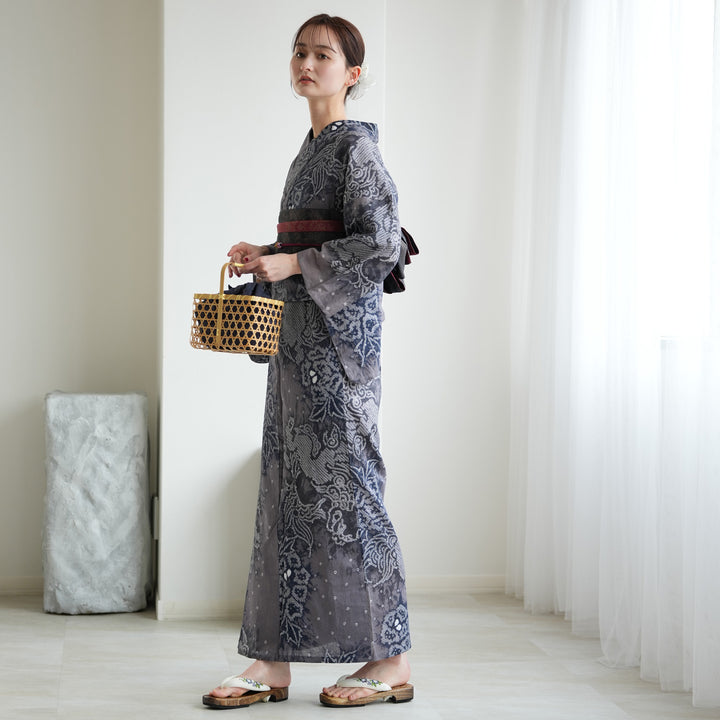 utatane 有松絞り 浴衣3点セット ( ゆかた・帯・下駄 ) 藤影の唐獅