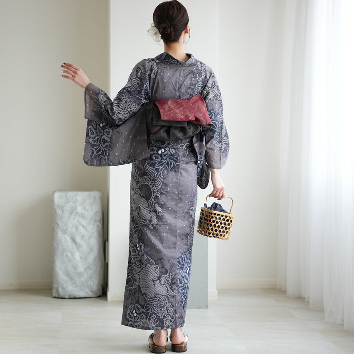 utatane 有松絞り 浴衣3点セット ( ゆかた・帯・下駄 ) 藤影の唐獅