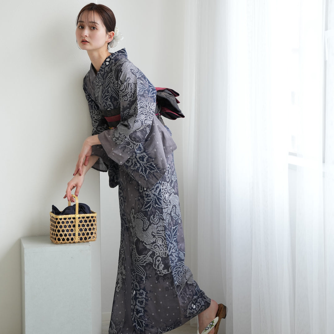 utatane 有松絞り 浴衣3点セット ( ゆかた・帯・下駄 ) 藤影の唐獅