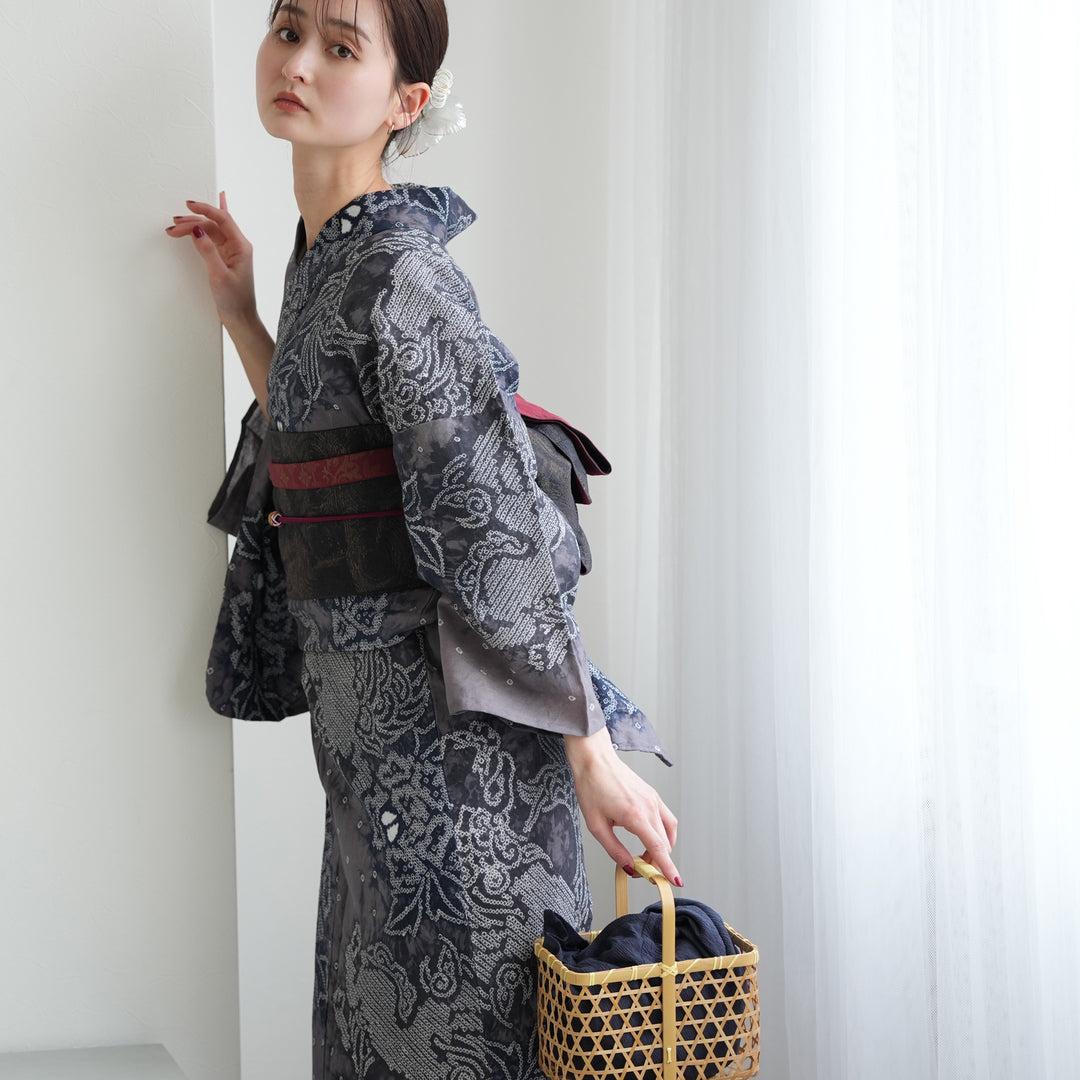 utatane 有松絞り 浴衣3点セット ( ゆかた・帯・下駄 ) 藤影の唐獅