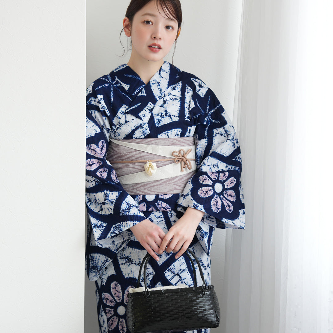 utatane 有松絞り 浴衣3点セット ( ゆかた・帯・下駄 ) 花格子】絞り