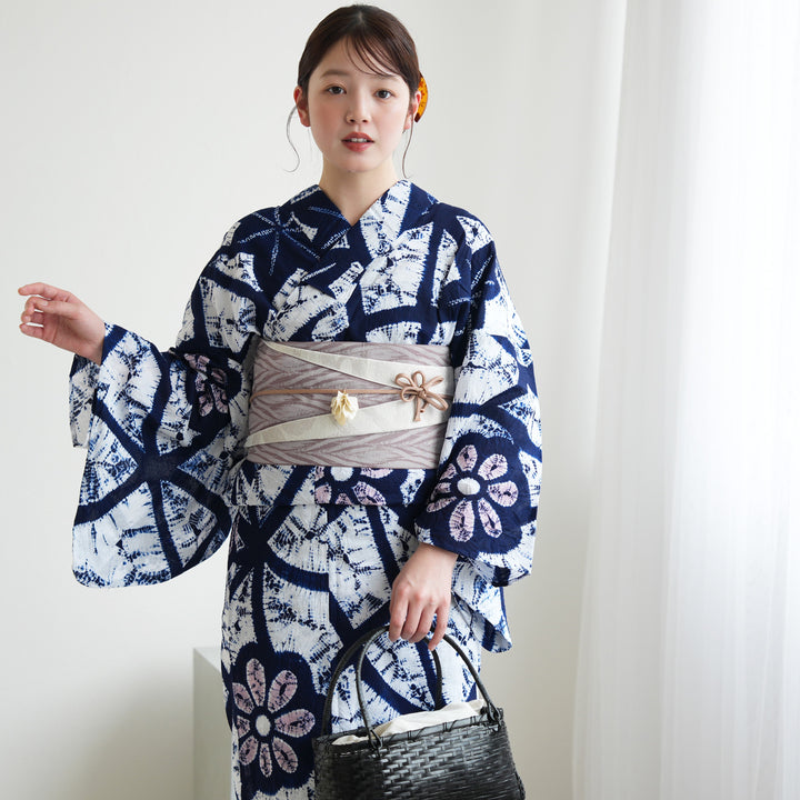 utatane 有松絞り 浴衣3点セット ( ゆかた・帯・下駄 ) 花格子】絞り