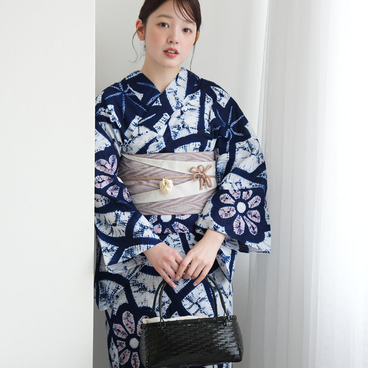 utatane 有松絞り 浴衣3点セット ( ゆかた・帯・下駄 ) 花格子】絞り