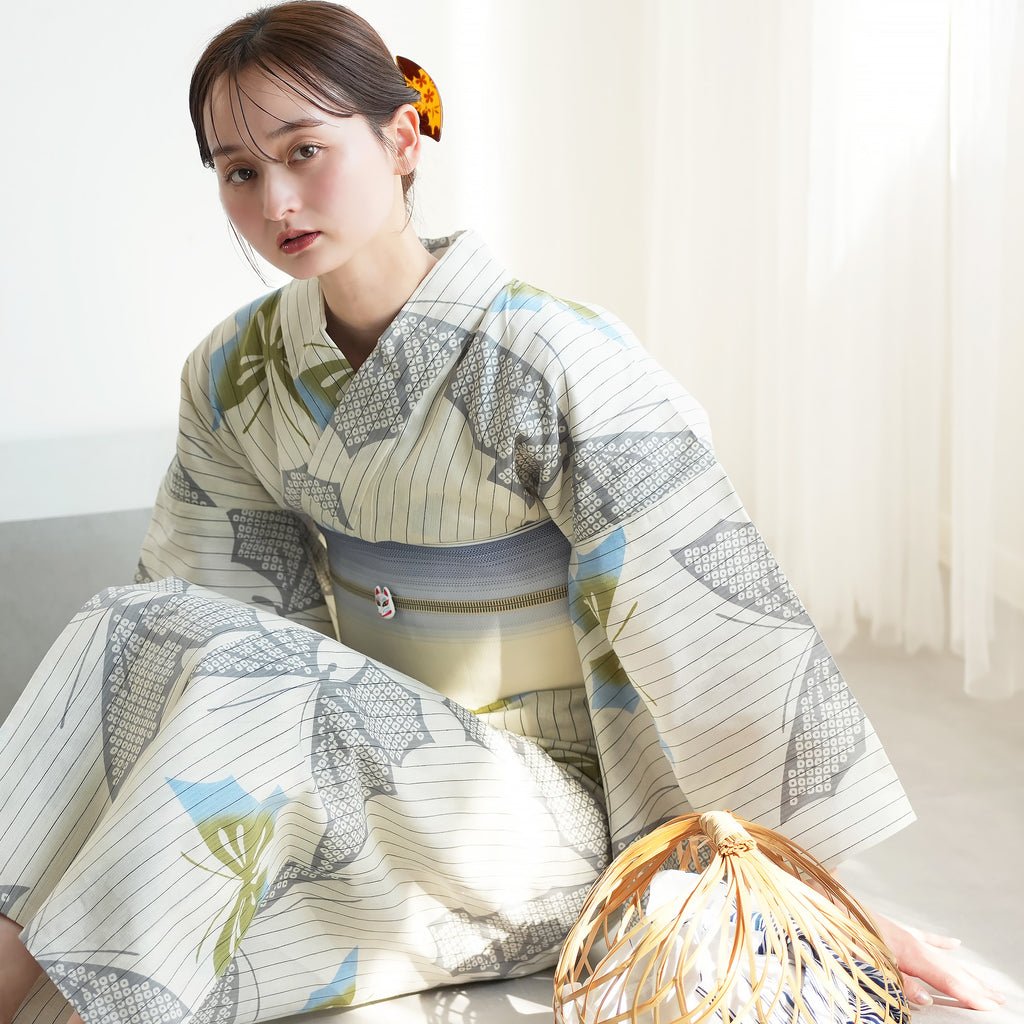 utatane×注染工房 浴衣3点セット（浴衣・帯・下駄） 等間しじら 風遊び
