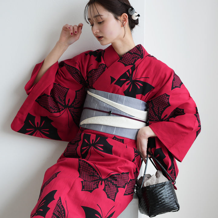 utatane浴衣 赤 浴衣 帯 下駄 ベルト 髪飾り5点セット utatane×注染工房 浴衣3点セット（浴衣・帯・下駄） 宵遊びの緋色蝶