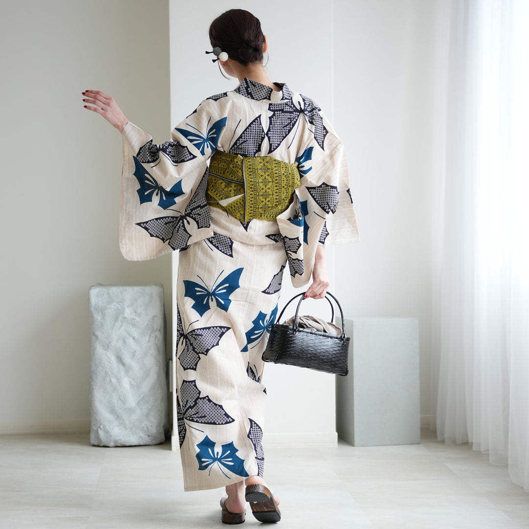 utatane×注染工房 浴衣3点セット（浴衣・帯・下駄） 先染めベージュ
