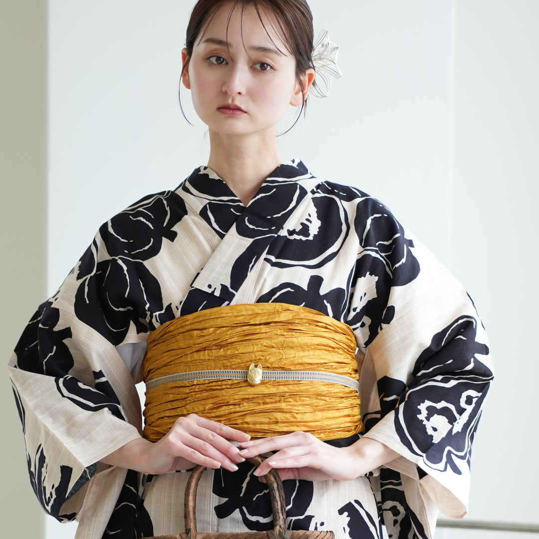 utatane×注染工房 浴衣3点セット（浴衣・帯・下駄）先染めベージュ
