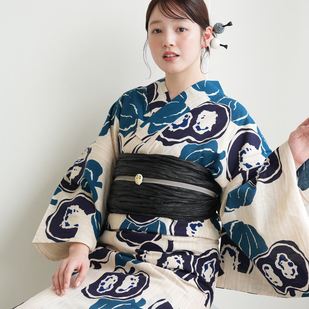 utatane×注染工房 浴衣3点セット（浴衣・帯・下駄）先染めベージュ
