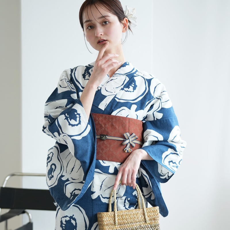 maru×utatane 浴衣、帯、下駄3点セット utatane×注染工房 浴衣3点セット（浴衣・帯・下駄）赤坂紬 青藍に南瓜