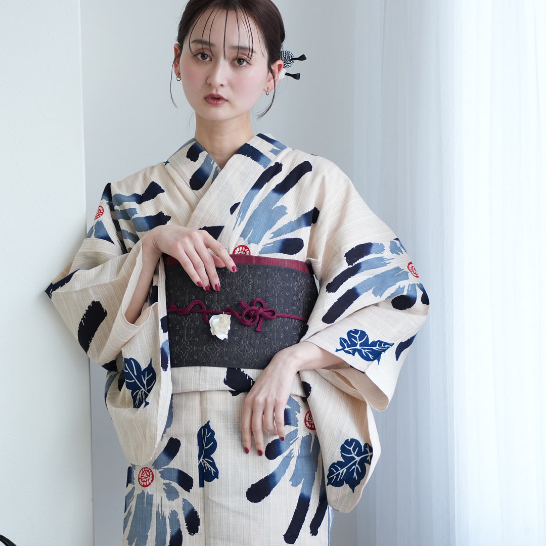 utatane×注染工房 浴衣3点セット（浴衣・帯・下駄） 先染めベージュ 黒